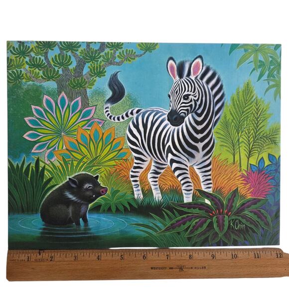 Vtg 1973 K Chin Zebra Tiger Jungle Art Prints 12x9 Pair Colorful Floral Animal - Picture 6 of 8